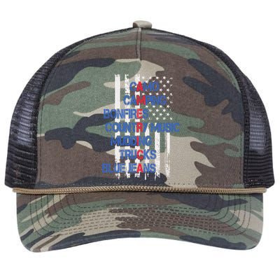 Camo Camping Bonfires Country Music Mudding  Trucks Blue Jeans Retro Rope Trucker Hat Cap