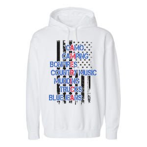 Camo Camping Bonfires Country Music Mudding  Trucks Blue Jeans Garment-Dyed Fleece Hoodie