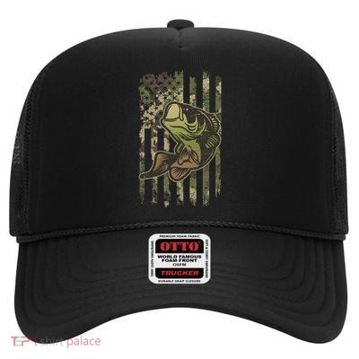 Camouflage American Flag Fishing Camo High Crown Mesh Back Trucker Hat