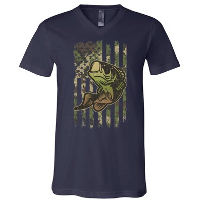 Camouflage American Flag Fishing Camo V-Neck T-Shirt