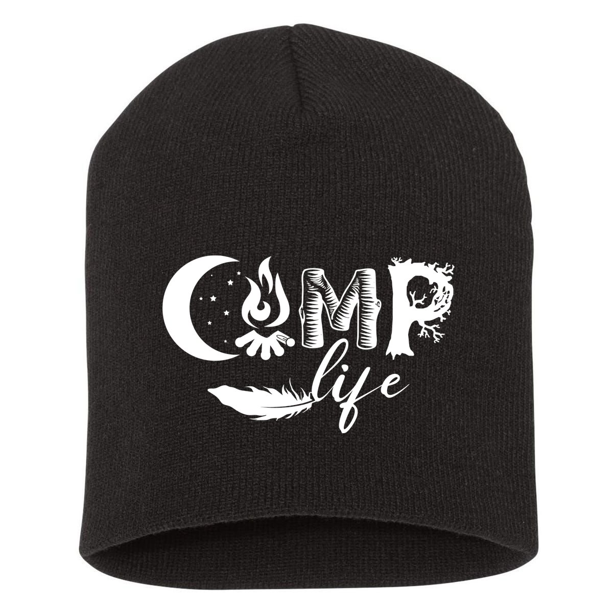 Camp Life Cute Camping Nature Logo Short Acrylic Beanie