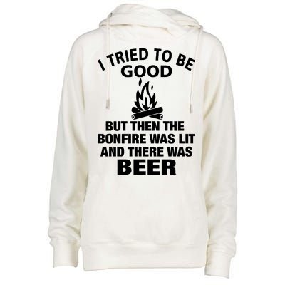 Camping Bonfire And Beer Womens Funnel Neck Pullover Hood