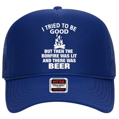 Camping Bonfire And Beer High Crown Mesh Back Trucker Hat