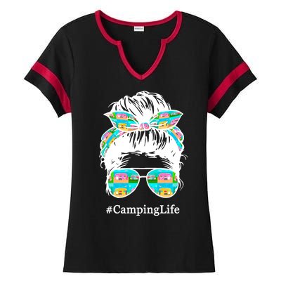 Camping Life Messy Hair Ladies Halftime Notch Neck Tee