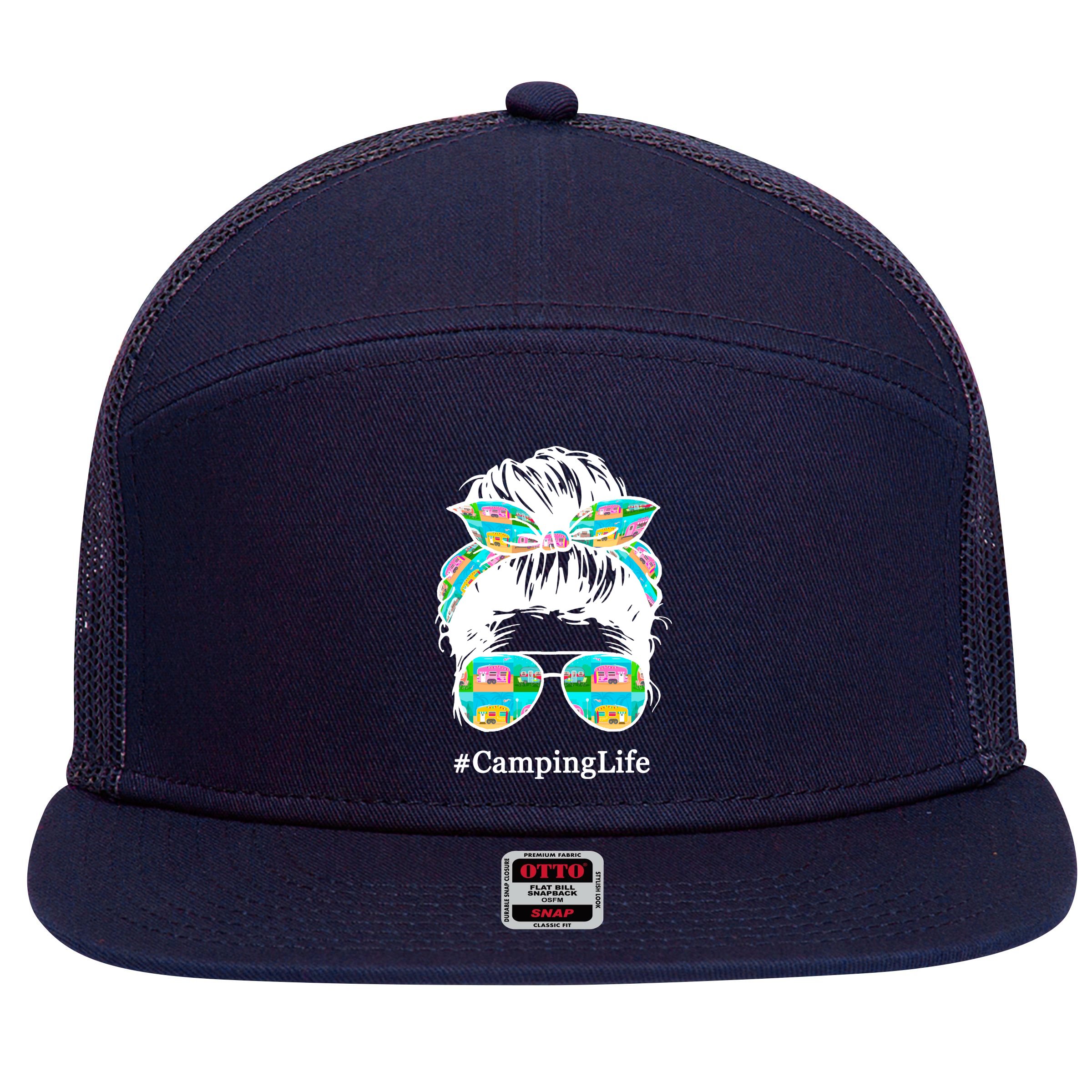 Camping Life Messy Hair 7 Panel Mesh Trucker Snapback Hat