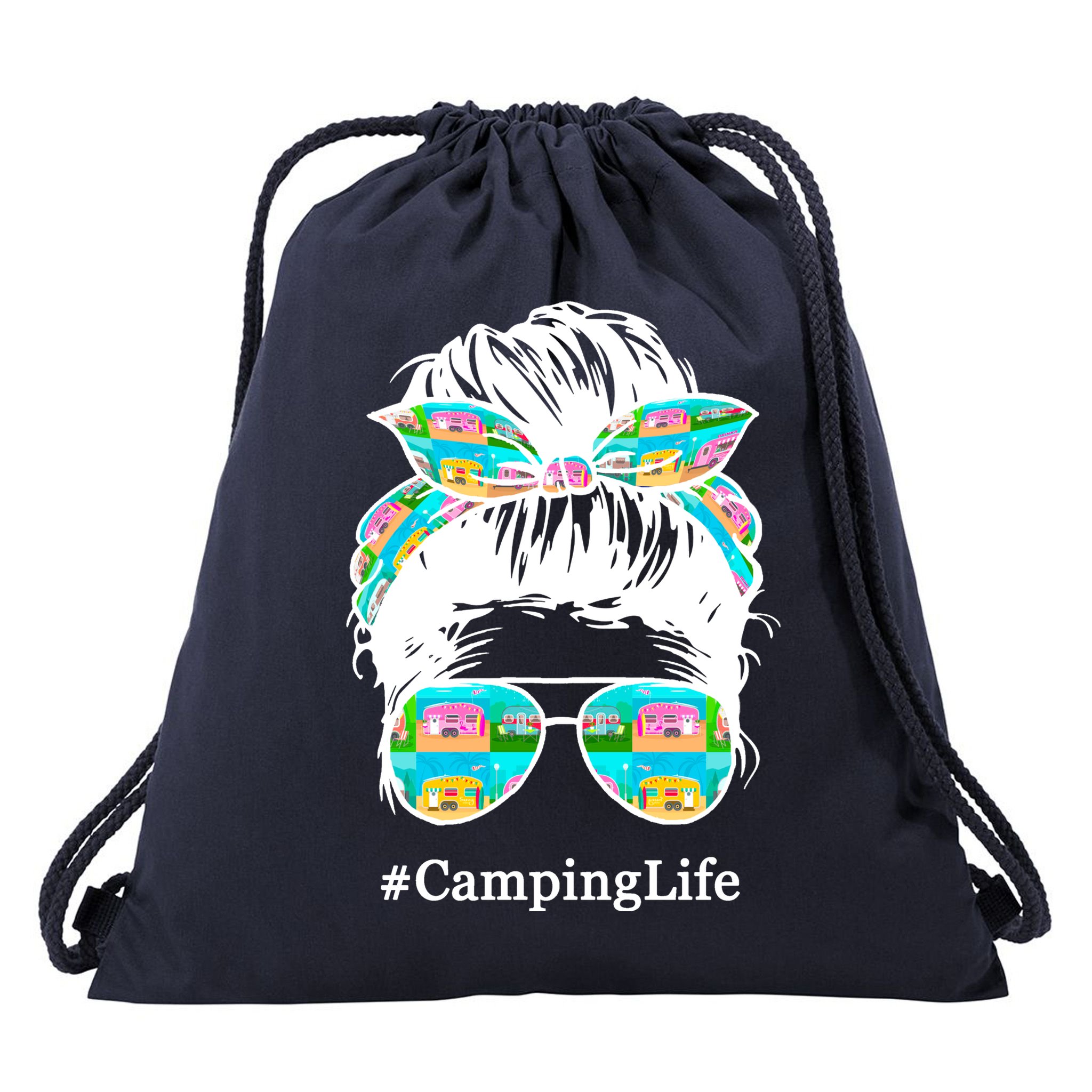 Camping Life Messy Hair Drawstring Bag