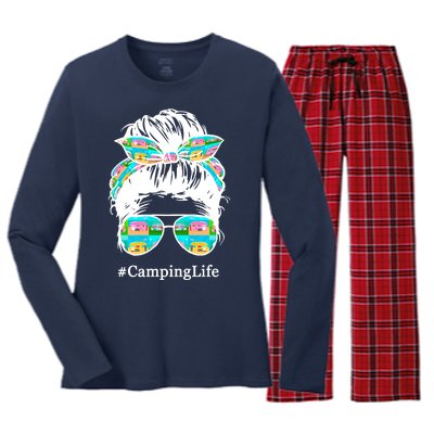 Camping Life Messy Hair Women's Long Sleeve Flannel Pajama Set 