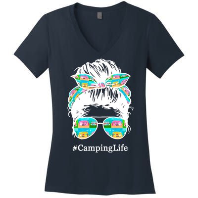 Camping Life Messy Hair Women's V-Neck T-Shirt