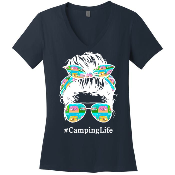 Camping Life Messy Hair Women's V-Neck T-Shirt