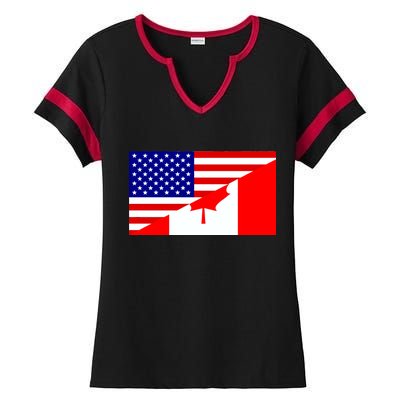 Canadian American USA Flag Ladies Halftime Notch Neck Tee