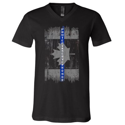 Canadian Vintage Flag Police Blue Stripe Line V-Neck T-Shirt
