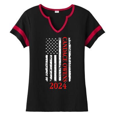 Candace Owens 2024 Distressed US Flag Ladies Halftime Notch Neck Tee