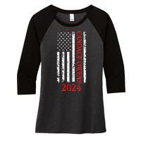 Candace Owens 2024 Distressed US Flag Women's Tri-Blend 3/4-Sleeve Raglan Shirt