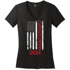 Candace Owens 2024 Distressed US Flag Women's V-Neck T-Shirt