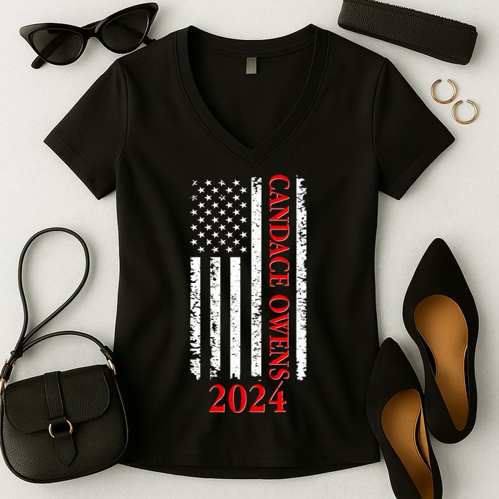 Candace Owens 2024 Distressed US Flag Women's V-Neck T-Shirt