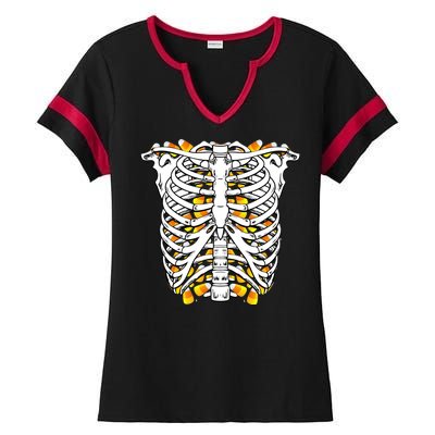 Candy Corn Skeleton Hallween Costume Ladies Halftime Notch Neck Tee