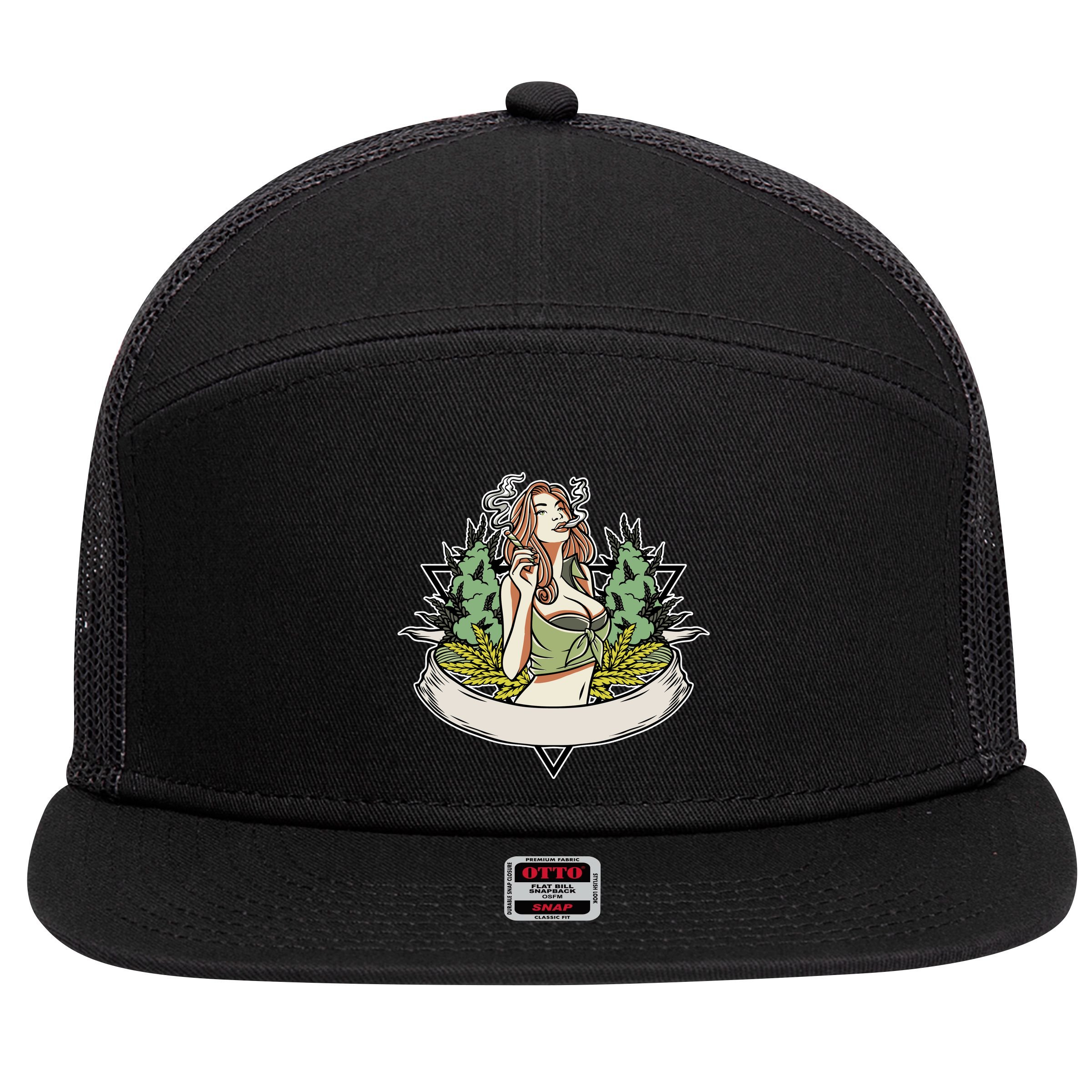 Cannabis Lady Smoking Pot 7 Panel Mesh Trucker Snapback Hat