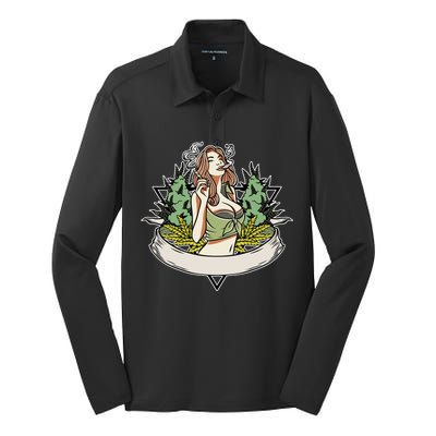 Cannabis Lady Smoking Pot Silk Touch Performance Long Sleeve Polo