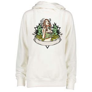 Cannabis Lady Smoking Pot Womens Funnel Neck Pullover Hood