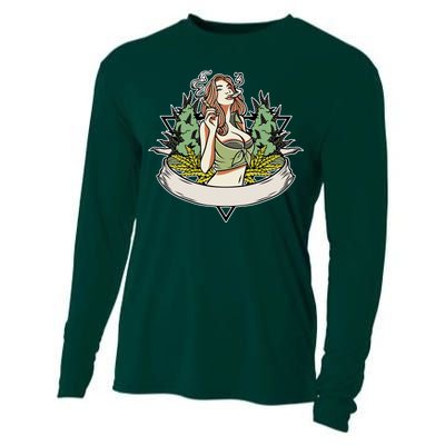 Cannabis Lady Smoking Pot Cooling Performance Long Sleeve Crew