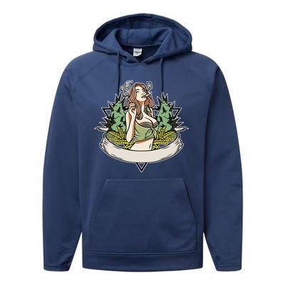 Cannabis Lady Smoking Pot Performance Fleece Hoodie