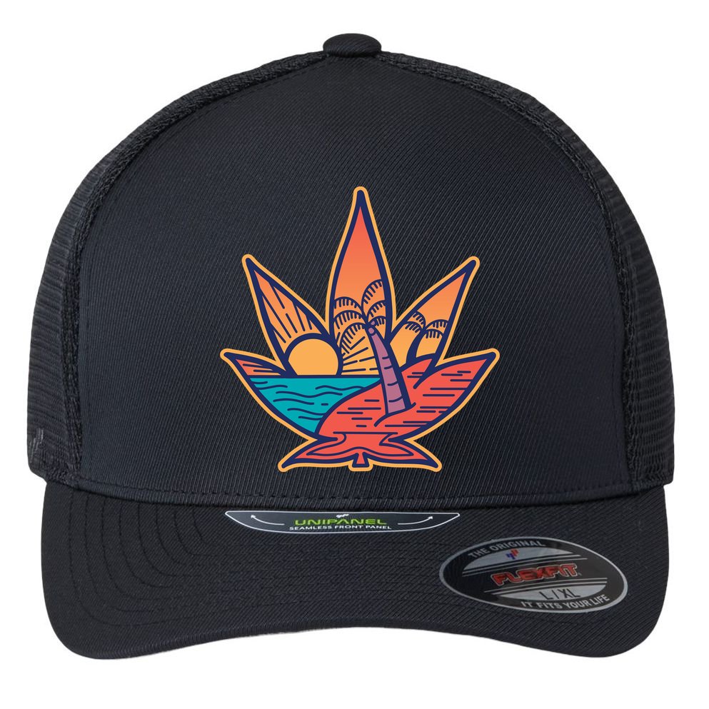 Cannabis Leaf Beach Flexfit Unipanel Trucker Cap