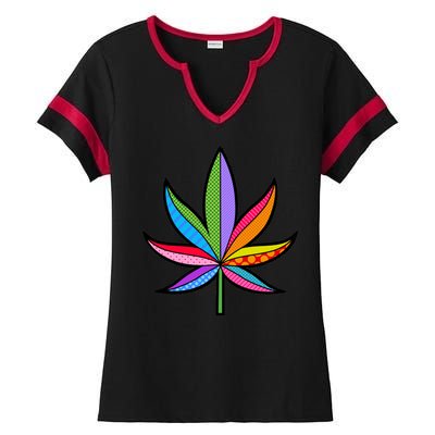 Cannabis Leaf Colorful Patterns Weed Ladies Halftime Notch Neck Tee