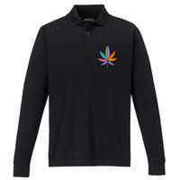 Cannabis Leaf Colorful Patterns Weed Performance Long Sleeve Polo