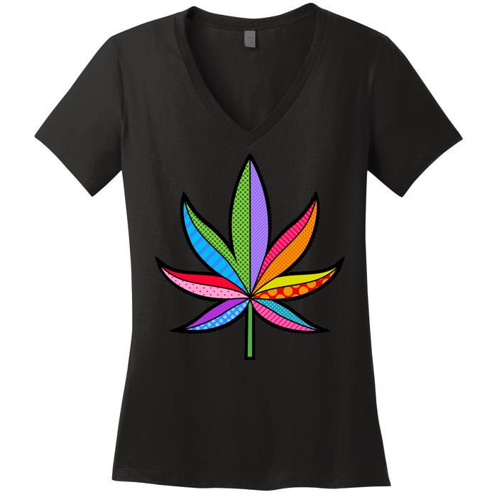 Cannabis Leaf Colorful Patterns Weed Women's V-Neck T-Shirt