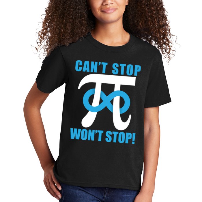 Can't Stop Won't Stop! Pi Day Infinity Math Geek Logo Kids T-Shirt