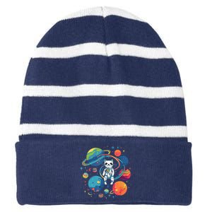 Cat Astronaut Out In The Space Striped Beanie with Solid Band