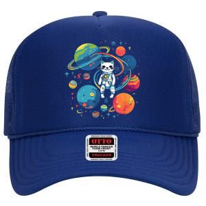 Cat Astronaut Out In The Space High Crown Mesh Back Trucker Hat