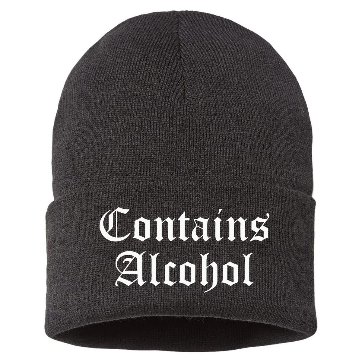Contains Alcohol Old English Style Beer Wine Lover Sustainable Knit Beanie