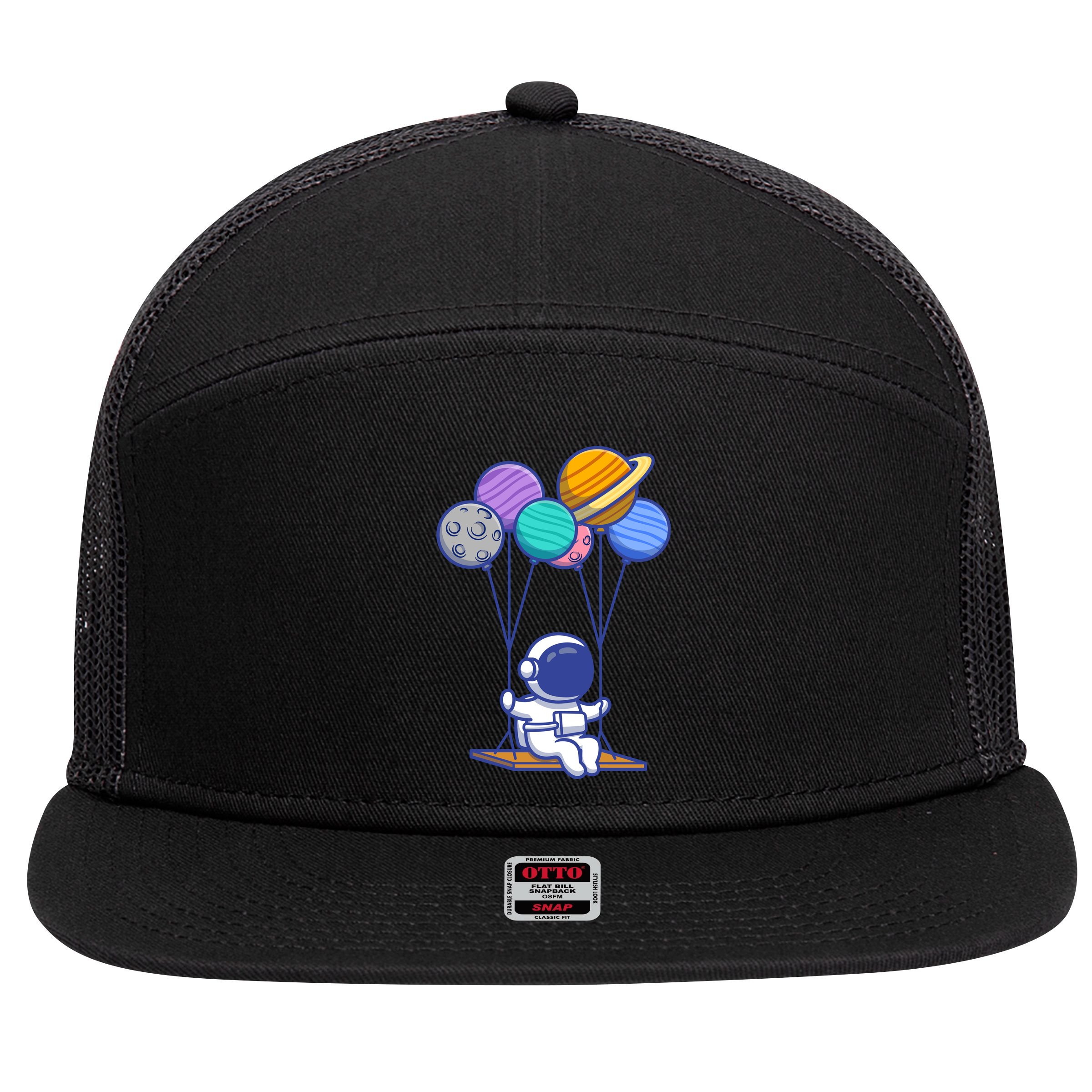 Cute Astronaut On Balloon Swing 7 Panel Mesh Trucker Snapback Hat