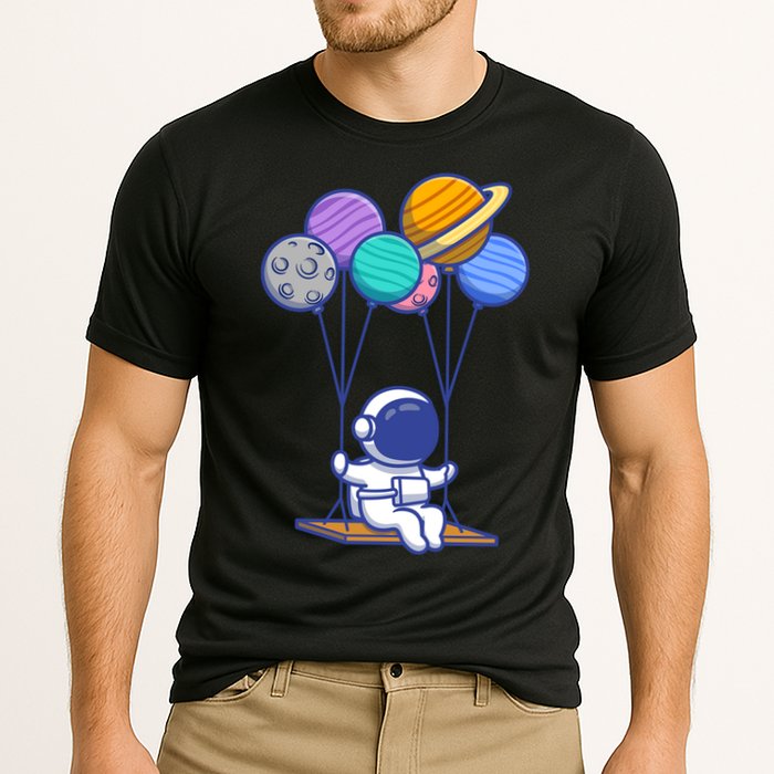 Cute Astronaut On Balloon Swing Cooling Performance Crew T-Shirt
