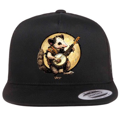 Cottagecore Aesthetic Opossum Playing Banjo Cottagecore Farm Flatbill Hat