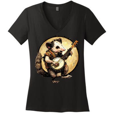 Cottagecore Aesthetic Opossum Playing Banjo Cottagecore Farm Women's V-Neck T-Shirt