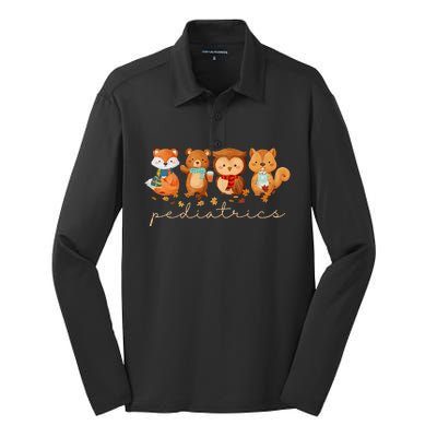 Cute Animals Pediatric Nurse Leaves Fall Thanksgiving Peds Silk Touch Performance Long Sleeve Polo