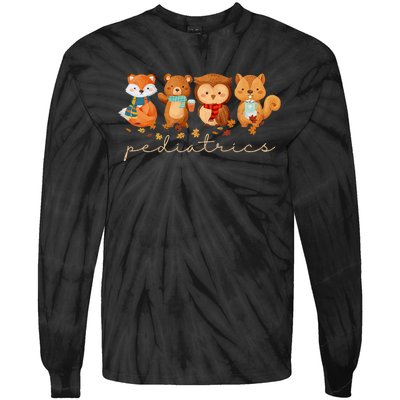 Cute Animals Pediatric Nurse Leaves Fall Thanksgiving Peds Tie-Dye Long Sleeve Shirt