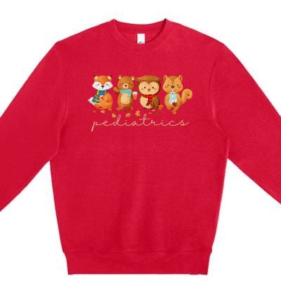 Cute Animals Pediatric Nurse Leaves Fall Thanksgiving Peds Premium Crewneck Sweatshirt