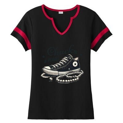 Chucks And Pearls IM With Her Kamala 2024 Retro Vintage Ladies Halftime Notch Neck Tee