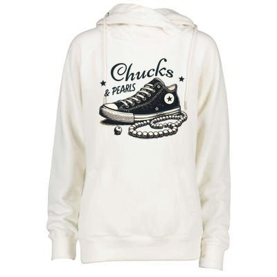 Chucks And Pearls IM With Her Kamala 2024 Retro Vintage Womens Funnel Neck Pullover Hood