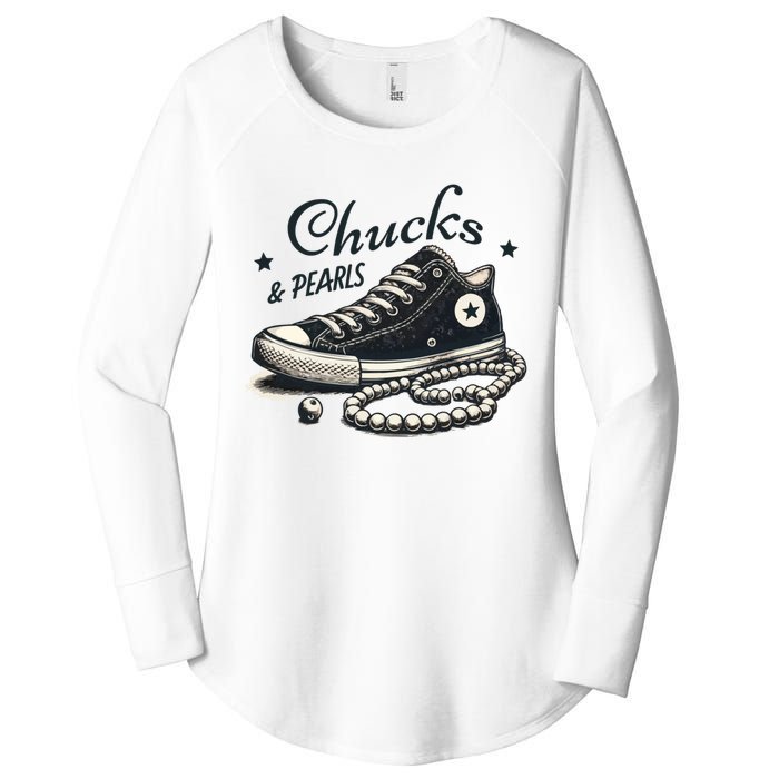 Chucks And Pearls IM With Her Kamala 2024 Retro Vintage Women's Perfect Tri Tunic Long Sleeve Shirt