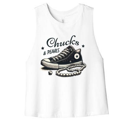 Chucks And Pearls IM With Her Kamala 2024 Retro Vintage Women's Racerback Cropped Tank