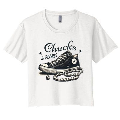 Chucks And Pearls IM With Her Kamala 2024 Retro Vintage Women's Crop Top Tee