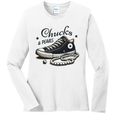 Chucks And Pearls IM With Her Kamala 2024 Retro Vintage Ladies Long Sleeve Shirt