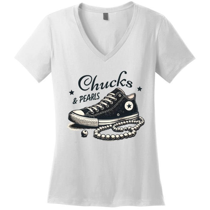 Chucks And Pearls IM With Her Kamala 2024 Retro Vintage Women's V-Neck T-Shirt