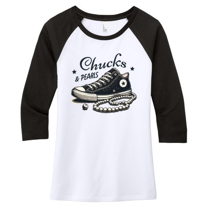 Chucks And Pearls IM With Her Kamala 2024 Retro Vintage Women's Tri-Blend 3/4-Sleeve Raglan Shirt