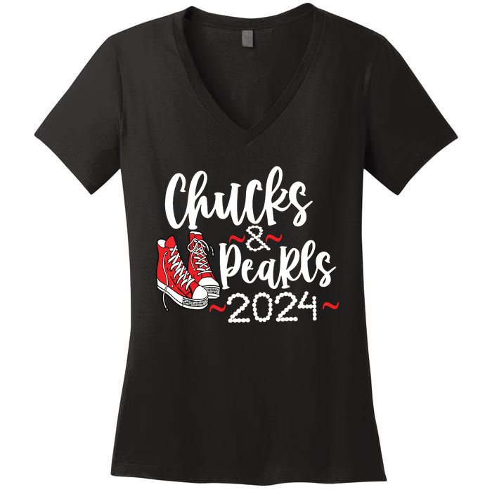 Chucks And Pearls 2024 Women Gift Women's V-Neck T-Shirt