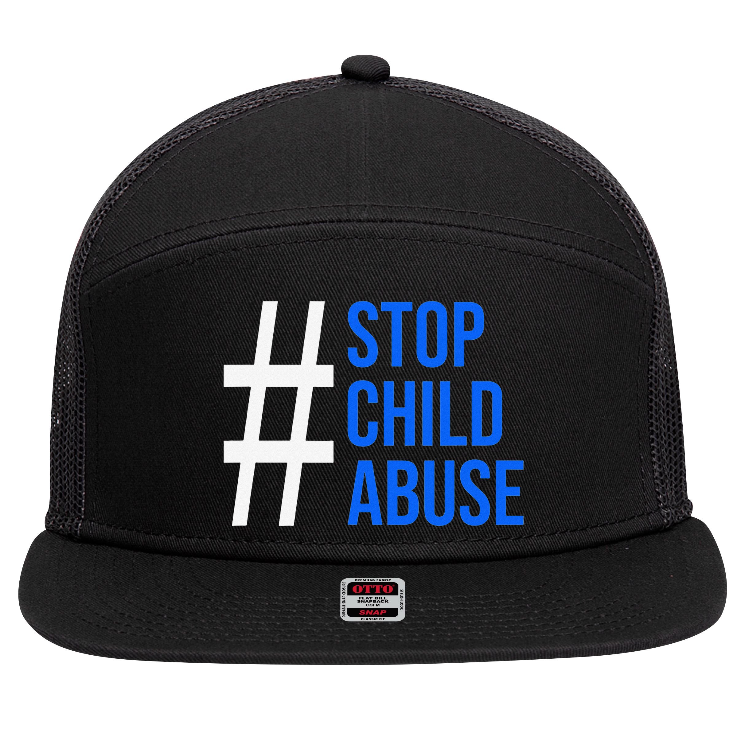 Child Abuse Prevention Awareness Blue Boho Rainbow Pinwheel 7 Panel Mesh Trucker Snapback Hat